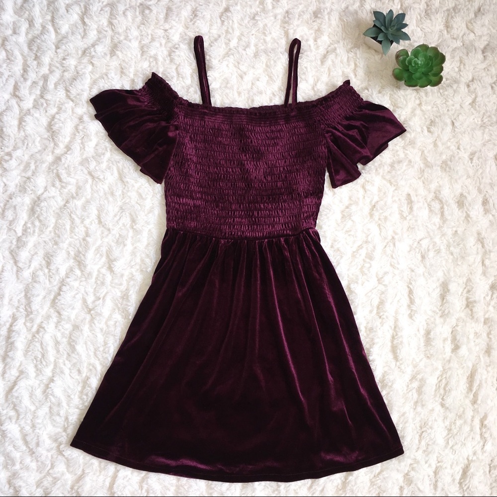 Aeropostale Velvet Maroon Off the Shoulder Dress